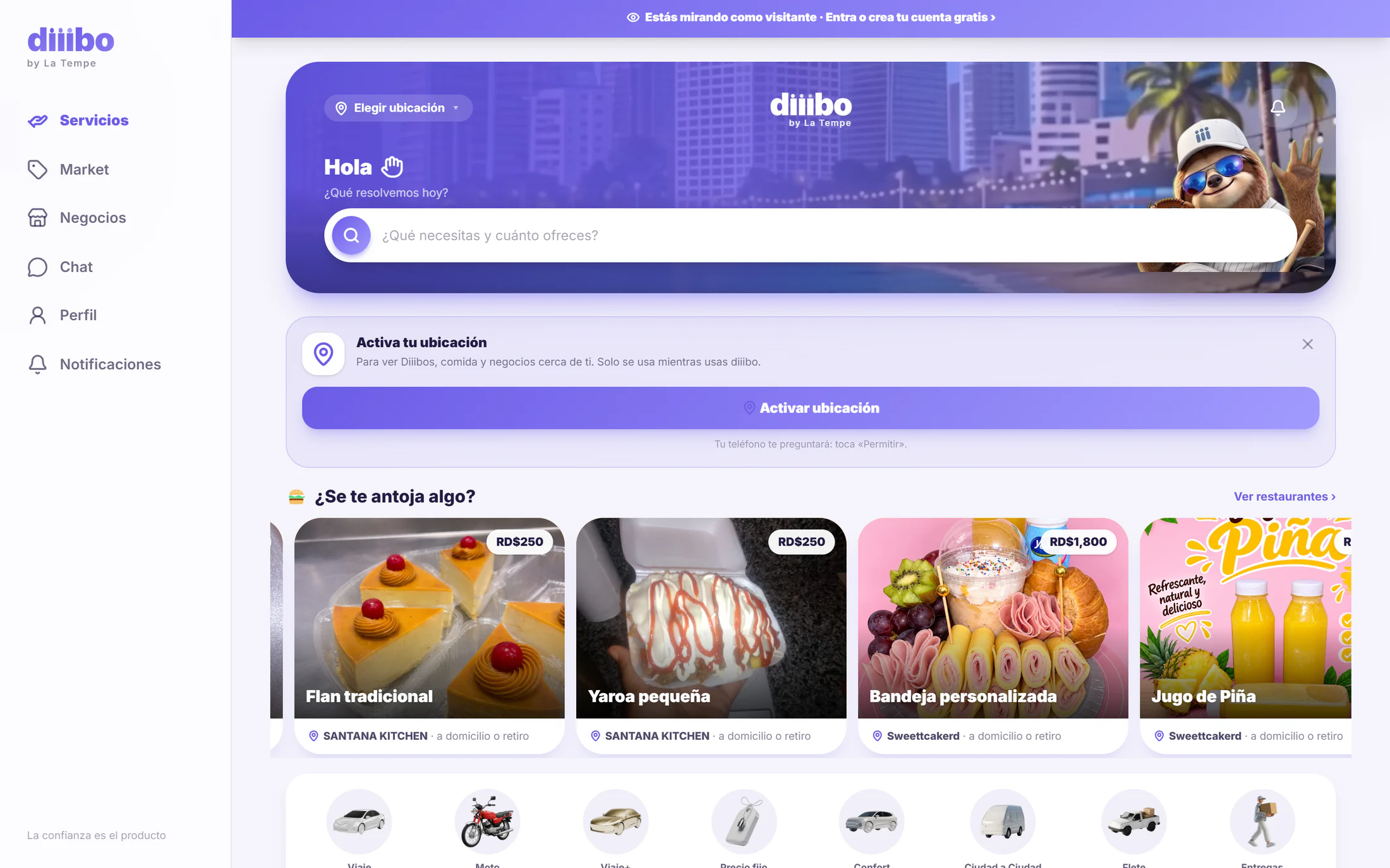 Pantalla principal de diiibo en computadora